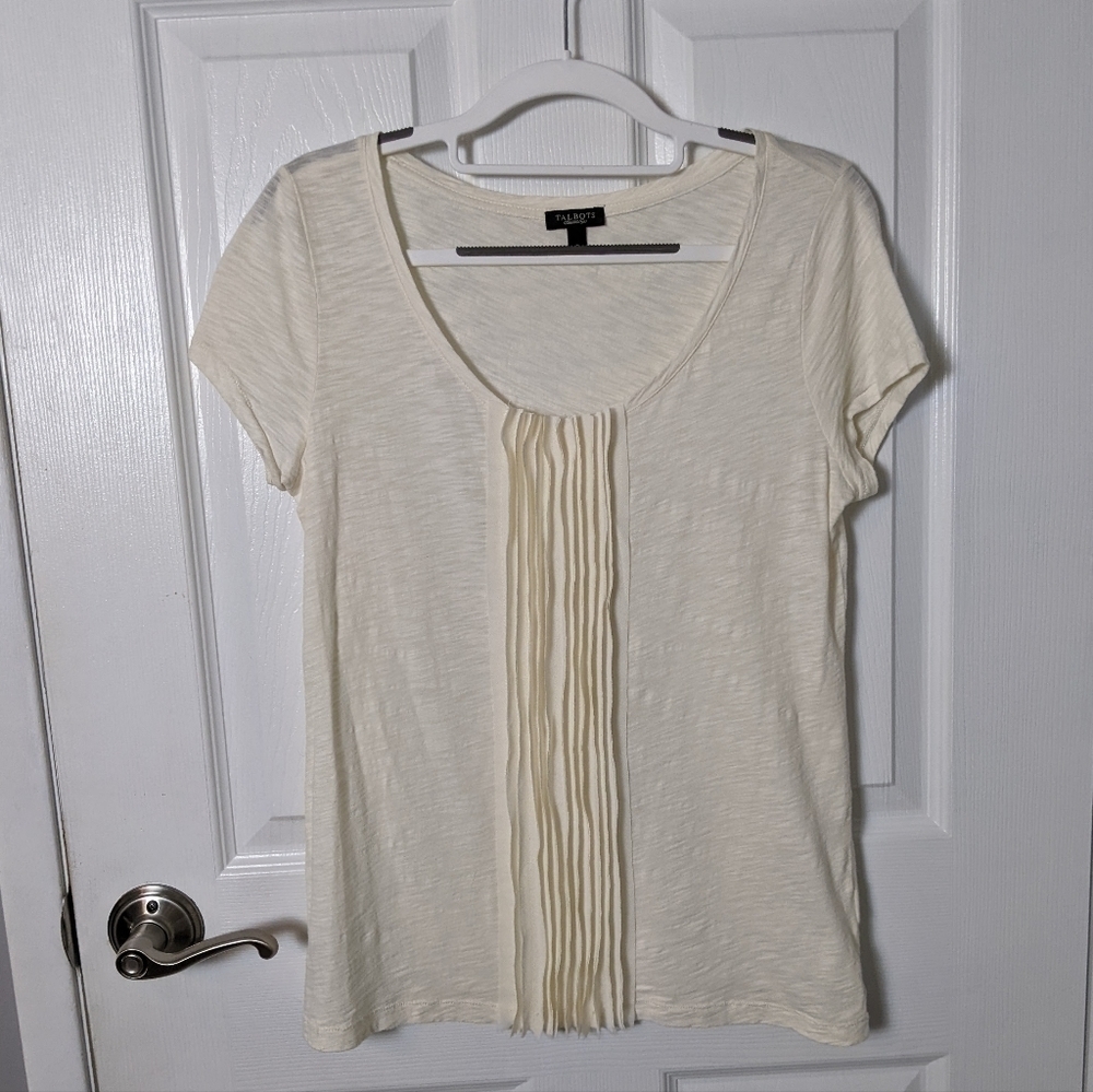 Like-New Talbots 100% Cotton Pleated Ruffle Front Short Sleeve Ivory Top Size S